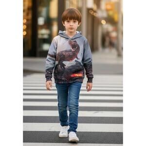 Boy's T REX Dinosaur Hoodie With Pockets Sweatshirt Back Front Print Size 14